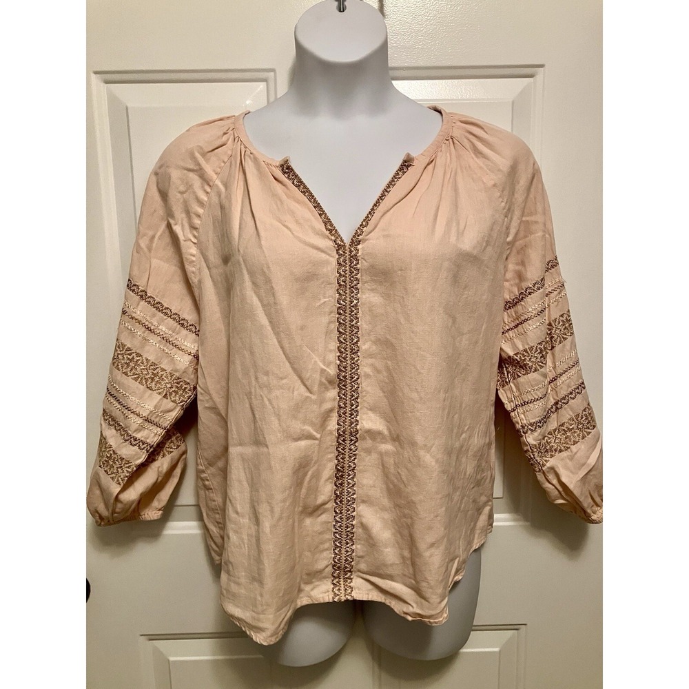 Roller Rabbit Women's  Embroidered Linen Peach Boho Peasant Top Short Sleeve  XL
